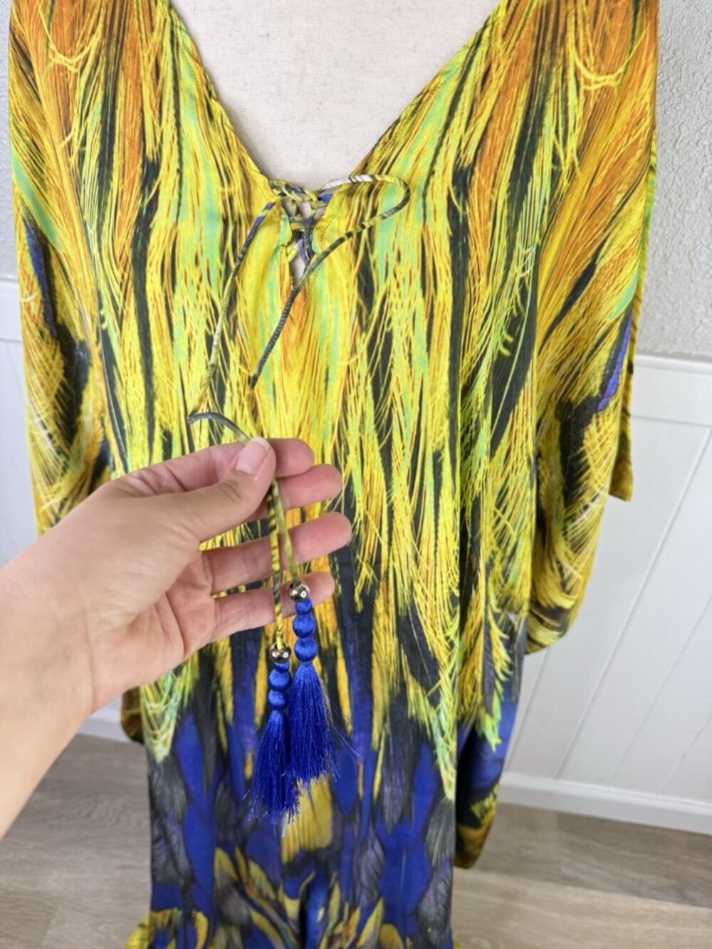 Soft Surroundings Kaftan Dress Womens Size L/XL Tall Feather Bright Colorful NEW - Picture 3 of 12